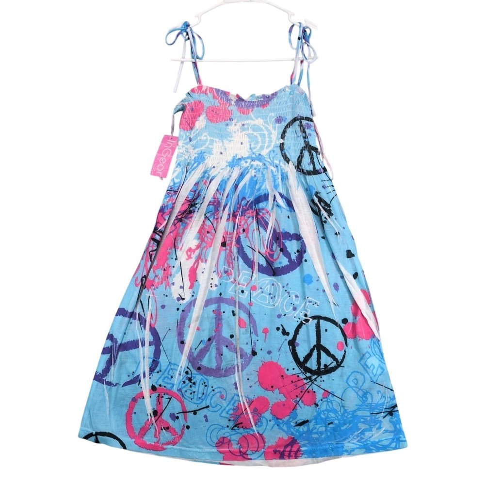 NWT InGear Blue Peace Graphic Mini Dress Sz L Smocked Tie Straps Beach Festival